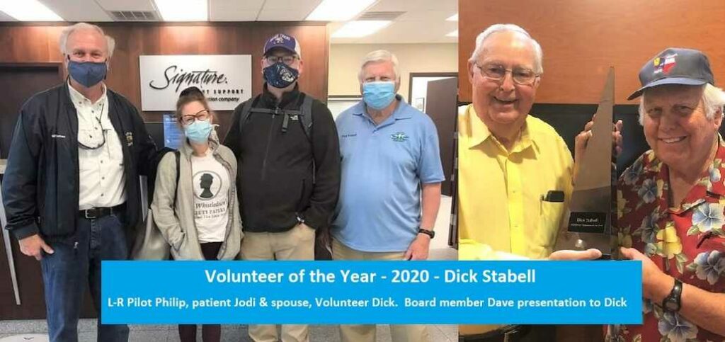 Presentation of award to Dick Stabell with the pilot and patient